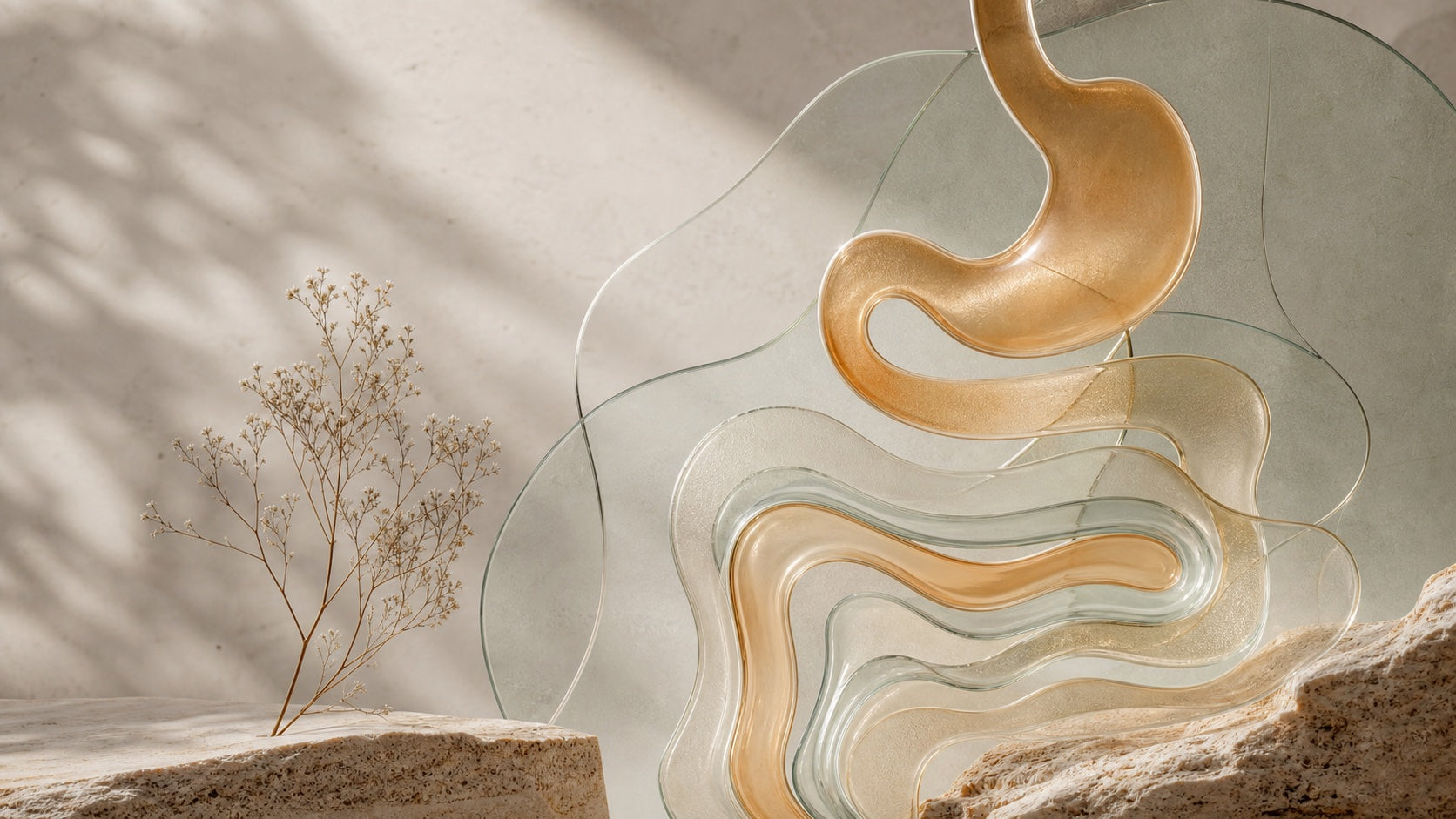 Abstract digestive pathway made from warm translucent layered forms.
