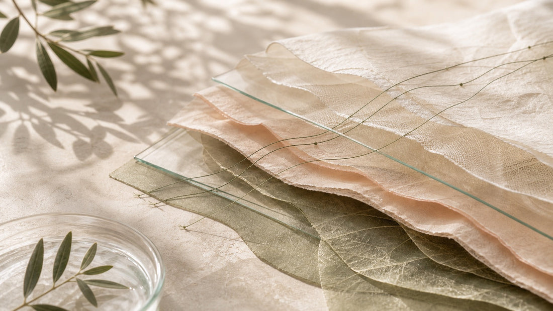 Layered translucent paper, glass, and botanical threads as an abstract gut barrier metaphor.