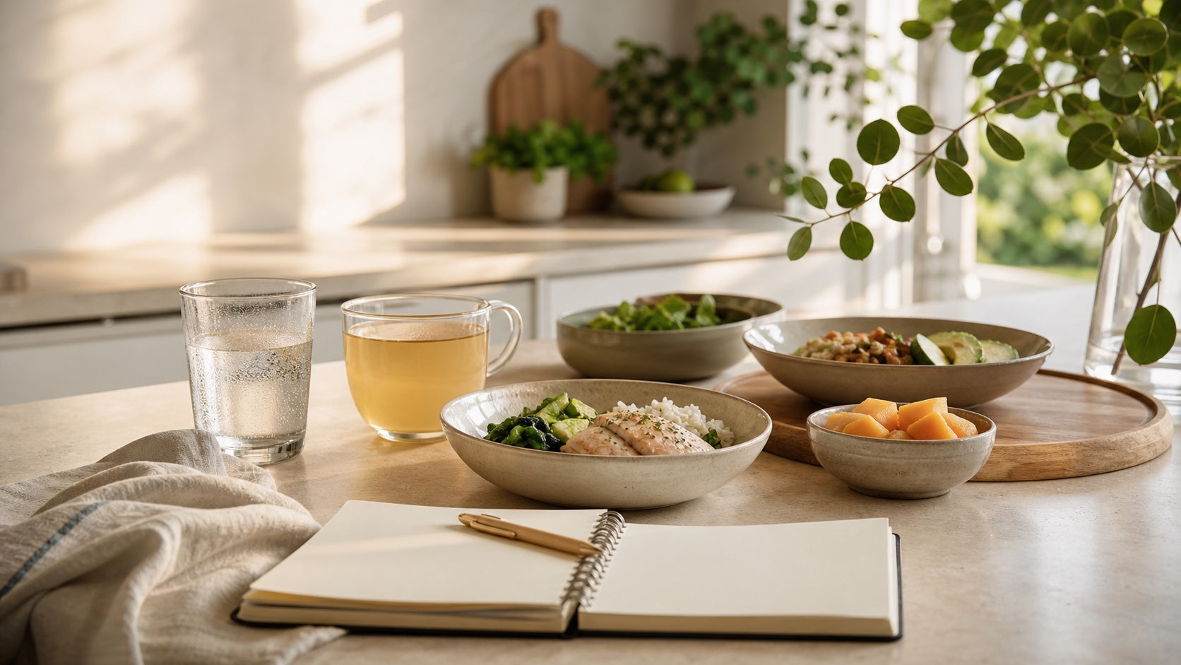 Gentle kitchen routine with small meal portions and morning light.