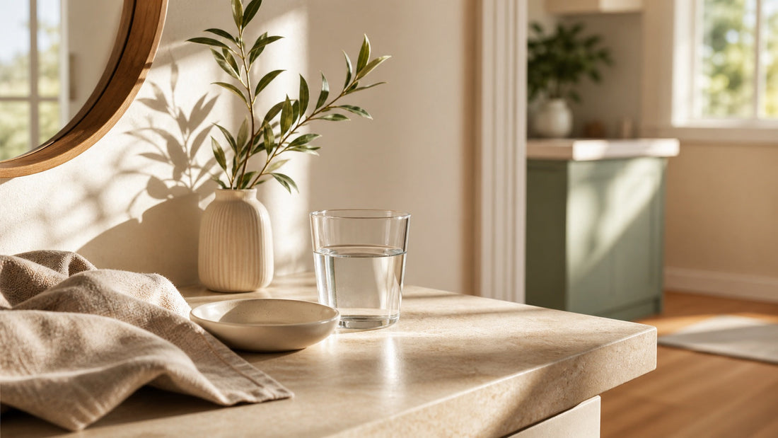 Warm morning routine scene with linen and ceramic objects.