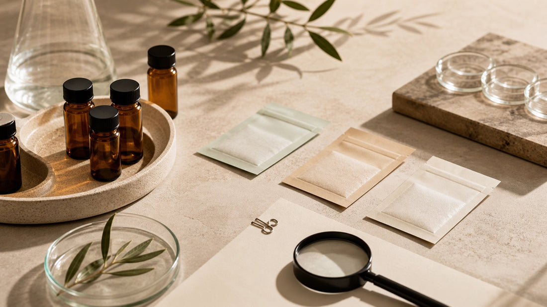 Warm lab-inspired quality-control still life with blank sample materials.