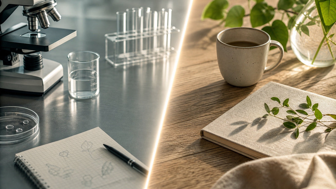 Conceptual tabletop contrasting a research setting with an everyday wellness setting.