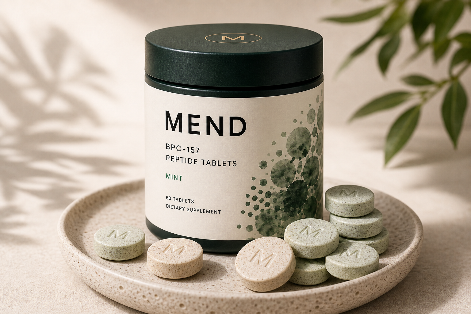 MEND Daily Gut Support Chews Mint jar on a warm stone tray