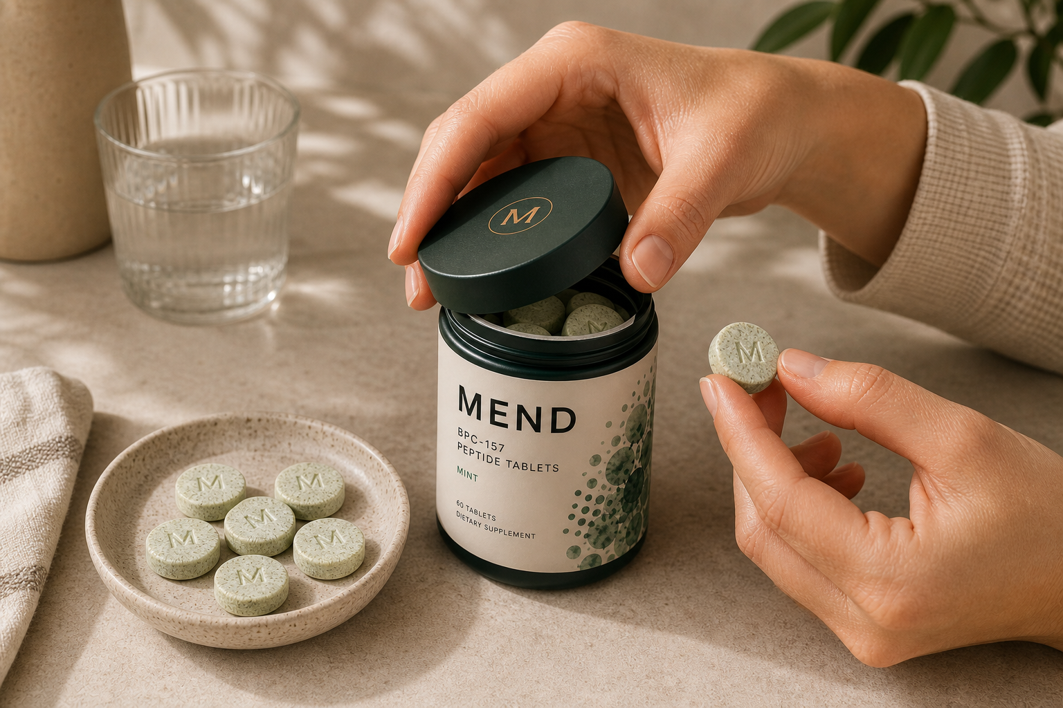 A hand holding a mint MEND daily gut support chew