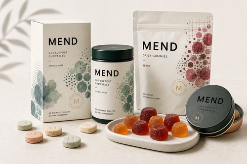 MEND gut support product packaging arranged together.