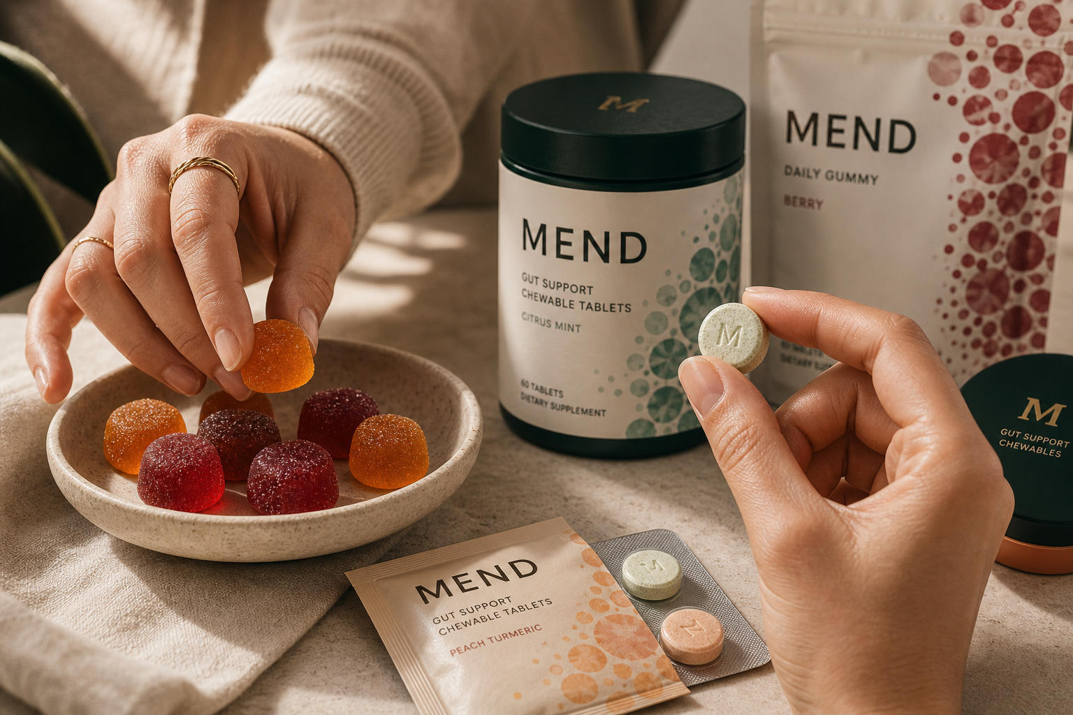 MEND daily gut support packed for an on-the-go routine.