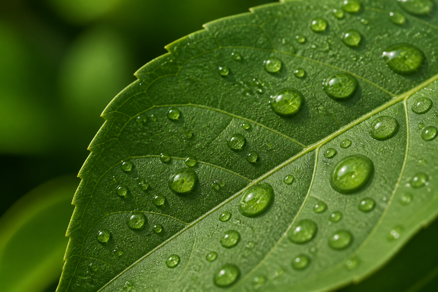 Fresh green botanical leaf with water droplets.