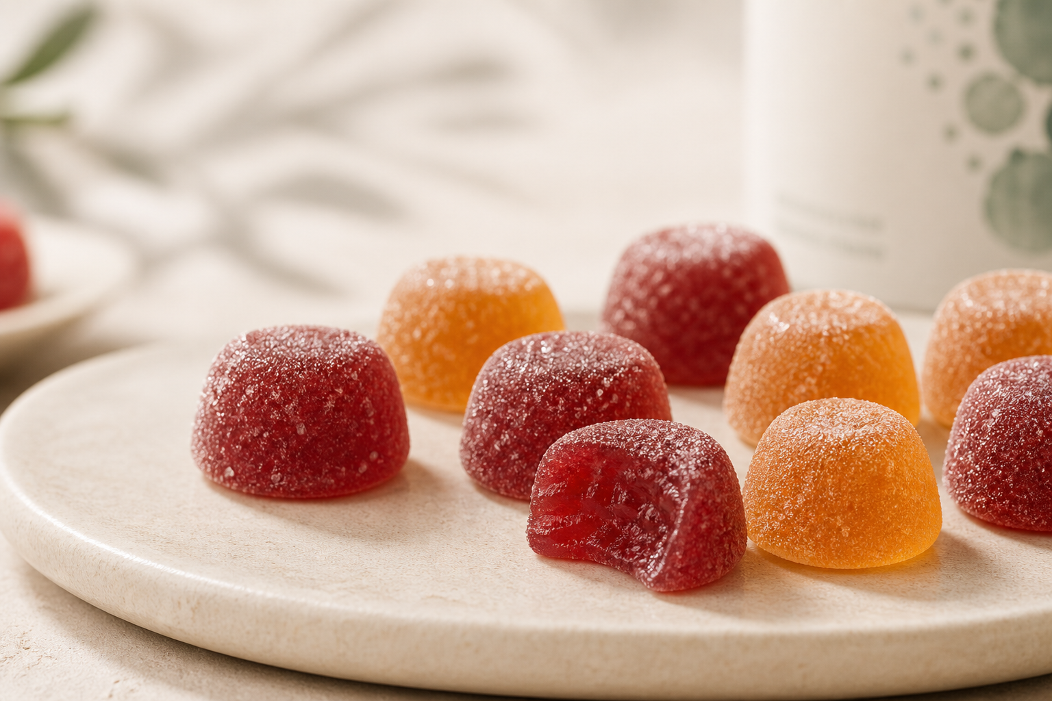 A red MEND gummy beside a glass of water.
